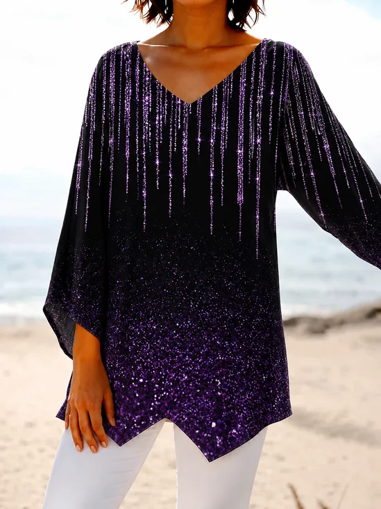 Random Print Casual V Neck Loose Blouse