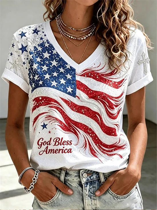 Glitter American Flag V Neck God Bless Slogan Short Sleeve Top