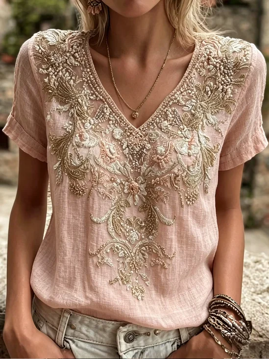 Women's Short Sleeve T-shirt Summer Pink Floral Printing V Neck Holiday Going Out Vintage Top
