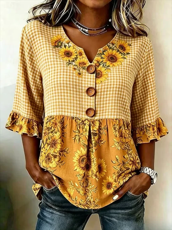 Women's Half Sleeve Blouse Summer Orange Sunflower Printing V Neck Daily Going Out Vintage Top