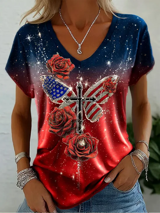 Cross Rose V Neck Gradient Tee