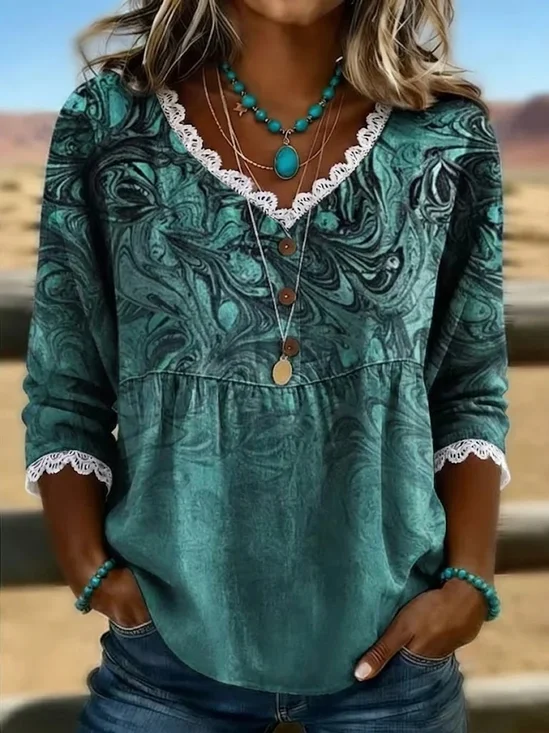 Women's Half Sleeve Blouse Summer Green Abstract Printing V Neck Daily Going Out Casual Top