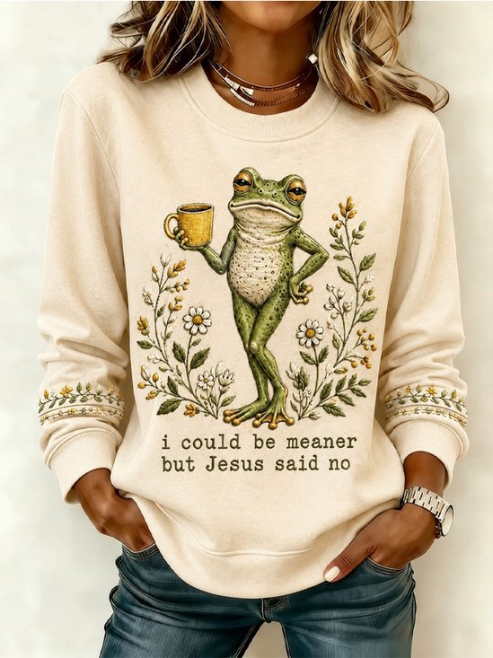 Frog Daisy Funny Faith Slogan Crew Neck Oversized Sweatshirt