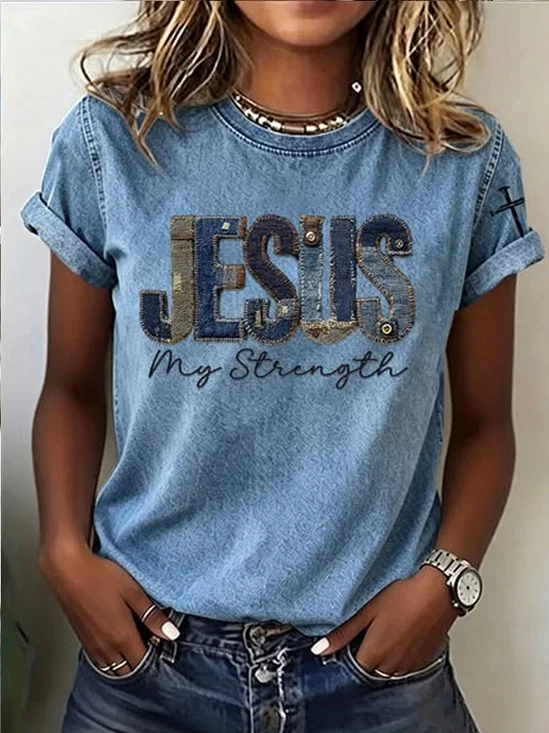 Jesus Letter Cross Crew Neck Cuff Short Sleeve Tee