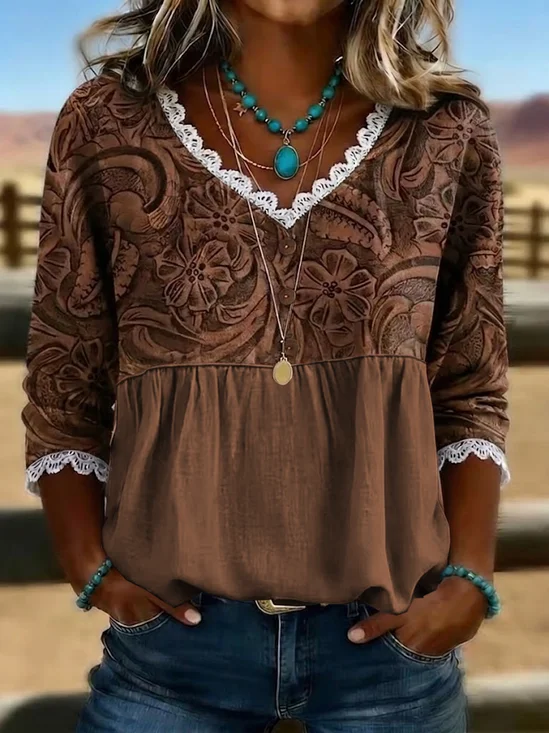 Women's Half Sleeve Blouse Summer Brown Floral Printing V Neck Daily Going Out Casual Top