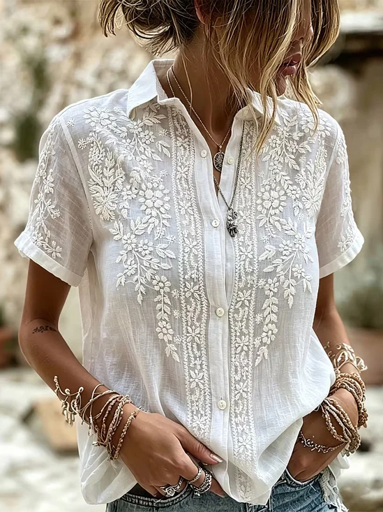 Women's Short Sleeve Shirt Summer White Floral Printing Shirt Collar Daily Going Out Casual Top