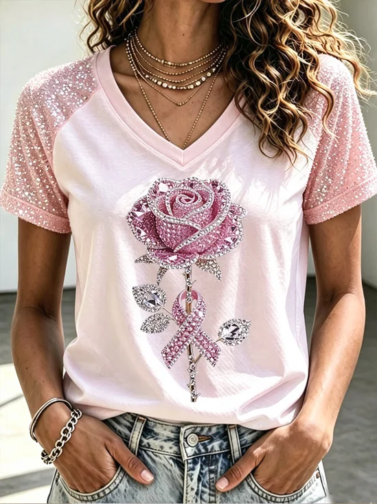 Rose Ribbon V Neck Short Sleeve Top