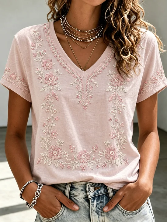 Daisy V Neck  Short Sleeve Casual Tee