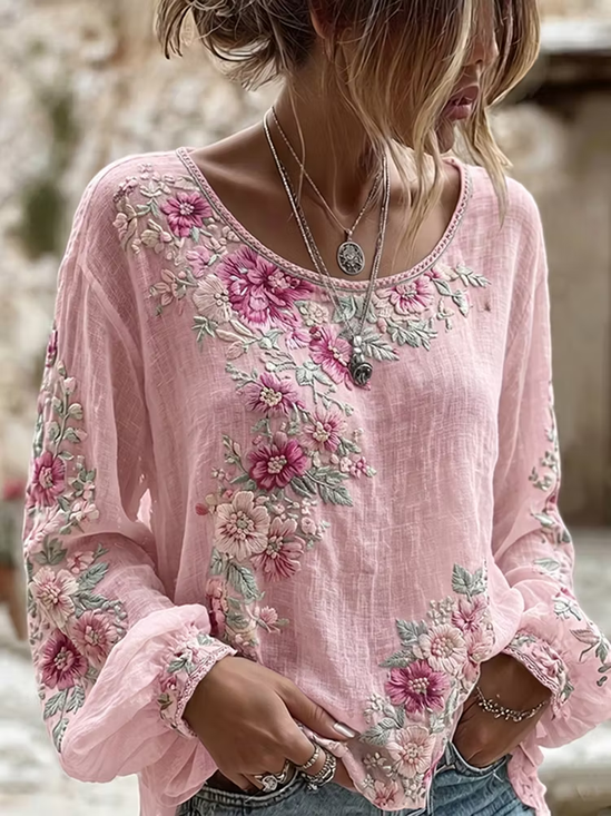 Women's Long Sleeve Blouse Spring/Fall Pink Floral Printing Crew Neck Daily Going Out Vintage Top