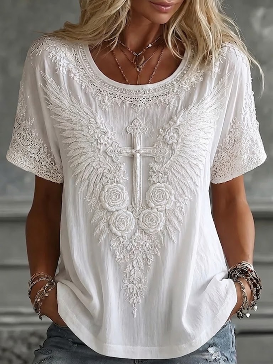 Women's Short Sleeve T-shirt Summer White Floral Printing Crew Neck Daily Going Out Casual Top