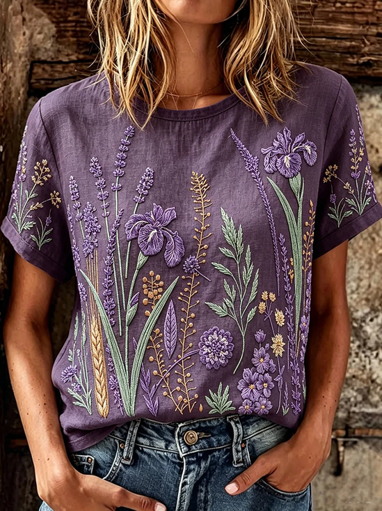 Women's Short Sleeve T-shirt Summer Purple Floral Printing Jersey Crew Neck Daily Going Out Casual Top