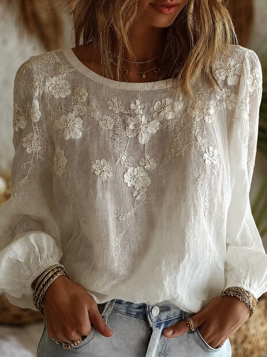 Women's Long Sleeve Blouse Spring/Fall White Floral Printing Crew Neck Daily Going Out Vintage Top