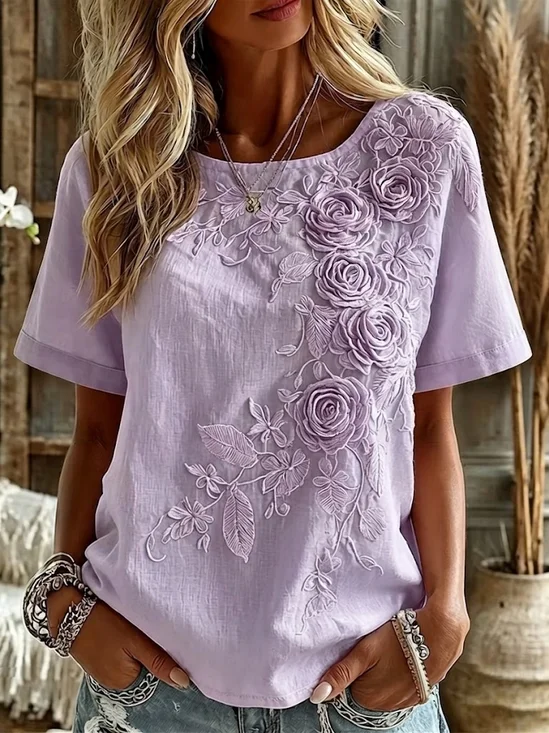 Women's Short Sleeve T-shirt Summer Orange Floral Printing Crew Neck Daily Going Out Casual Top