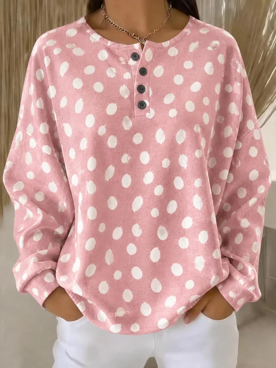 Dot Print Henry Neck Loose Long Sleeve Top