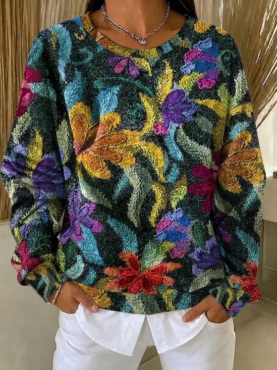Women's Casual Printed Crew Neck Waffle Knit Long Sleeve Sweatshirt