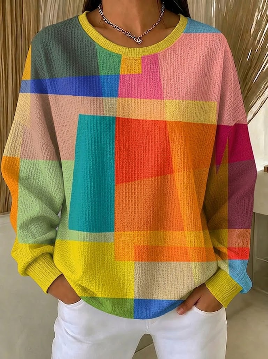 Women's Casual Printed Crew Neck Waffle Knit Long Sleeve Sweatshirt