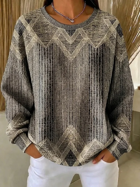 Women's Casual Printed Crew Neck Waffle Knit Long Sleeve Sweatshirt