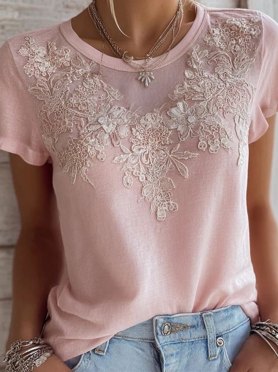 Women's Short Sleeve T-shirt Summer Pink Floral Printing Crew Neck Daily Going Out Casual Top