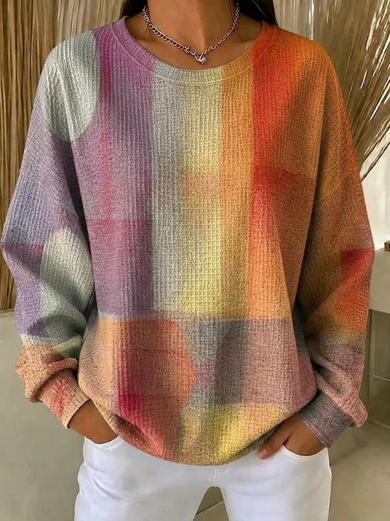Women's Casual Printed Crew Neck Waffle Knit Long Sleeve Sweatshirt