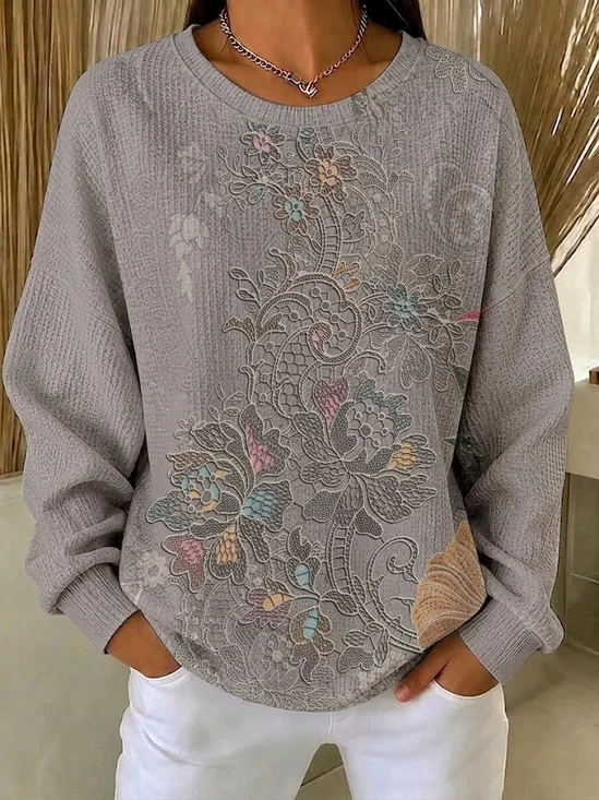 Women's Casual Printed Crew Neck Waffle Knit Long Sleeve Sweatshirt