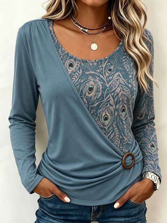 Peacock Feather Fake Wrap Ruched Waist Long Sleeve Top