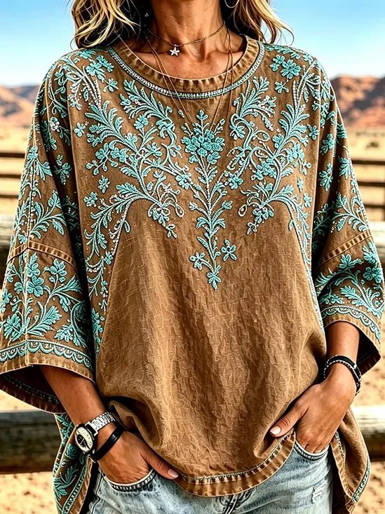 Turquoise  Vine 3/4 Sleeve Western Casual Top