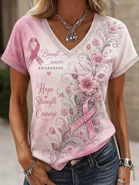 Awareness Ribbon Floral Letter V Neck Casual Top
