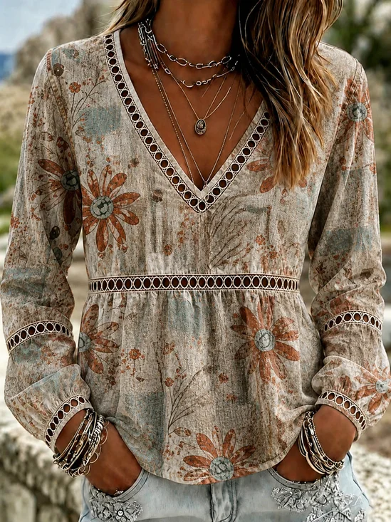 Vintage Big Daisy V Neck  Vacation Long Sleeve Top