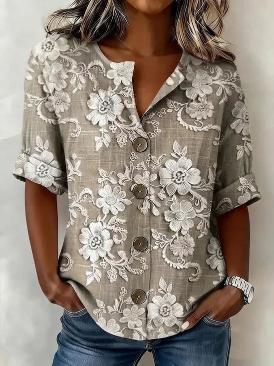 Women's Long Sleeve Shirt Spring/Fall As Picture Floral Buckle Stand Collar Daily Going Out Casual Top