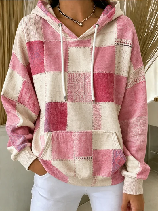 Pink Patchwork Check Pocket Oversized Hoodie