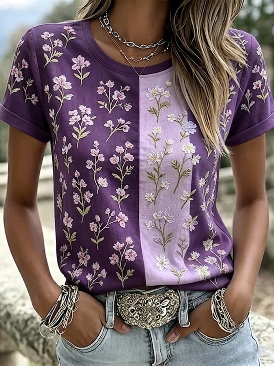 Women's Short Sleeve T-shirt Summer Purple Floral Printing Crew Neck Daily Going Out Casual Top