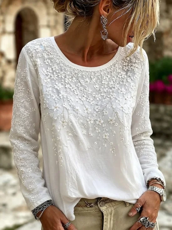 Women's Long Sleeve T-shirt Spring/Fall White Floral Printing Jersey Crew Neck Daily Going Out Casual Top