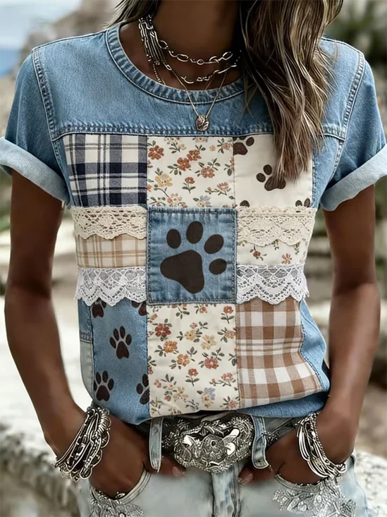 Women's Short Sleeve T-shirt Summer As Picture Faux Denim Print Graphic Printing Jersey Crew Neck Daily Going Out Casual Top