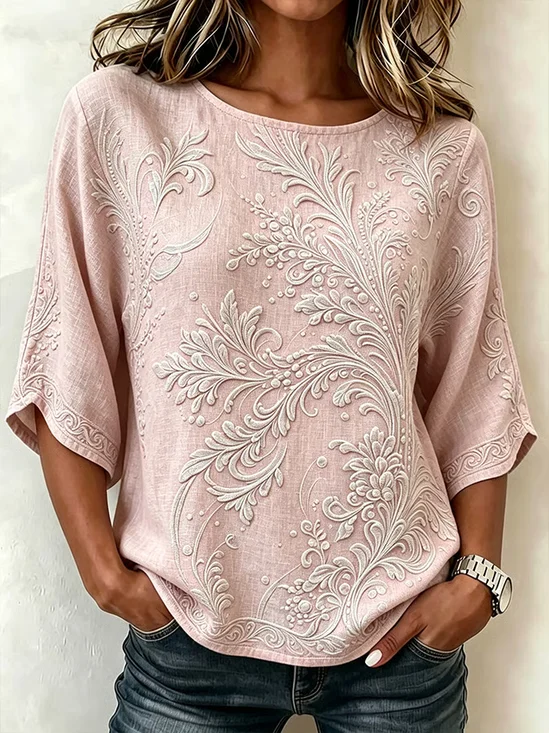 Women's Half Sleeve Blouse Summer Pink Floral Printing Crew Neck Daily Going Out Vintage Top