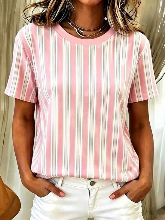 Women's Short Sleeve T-shirt Summer Pink Striped Printing Crew Neck Daily Going Out Casual Top