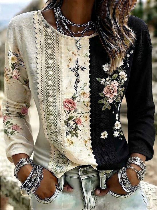Women's Long Sleeve T-shirt Spring/Fall Black Floral Printing Jersey Crew Neck Daily Going Out Casual Top