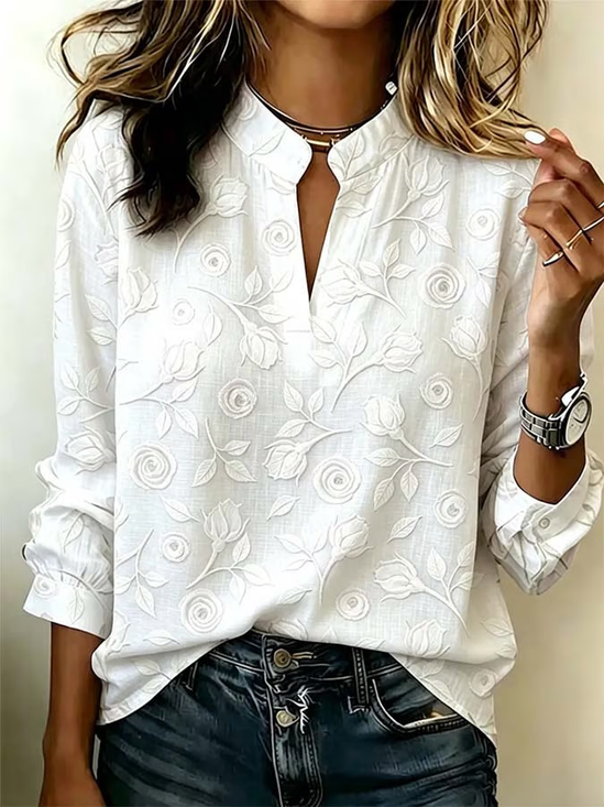 Women's Long Sleeve Blouse Spring/Fall White Floral Printing V Neck Daily Going Out Vintage Top