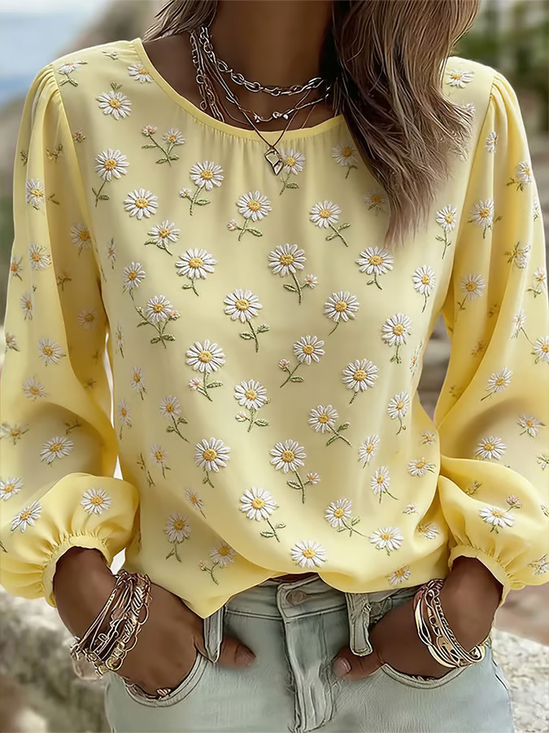 Women's Long Sleeve Blouse Spring/Fall Yellow Floral Printing Crew Neck Daily Going Out Vintage Top