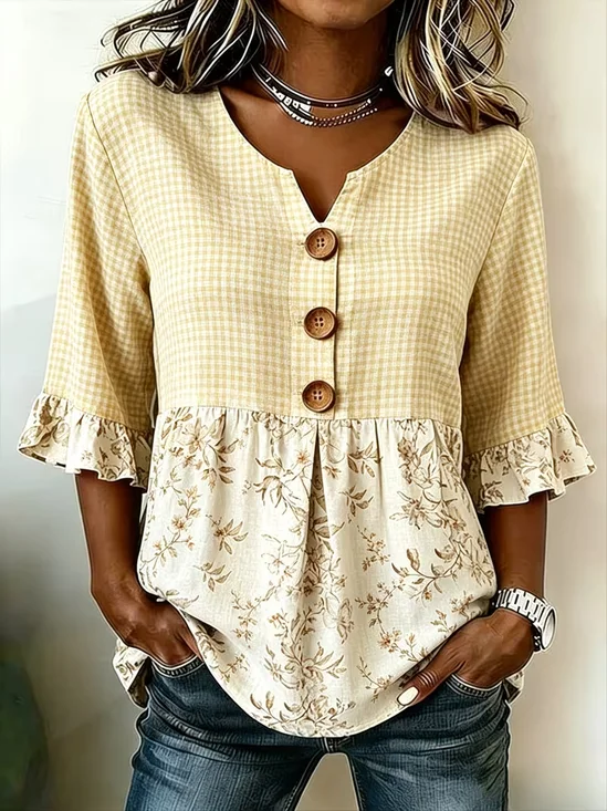 Women's Half Sleeve Blouse Summer Yellow Plaid Printing V Neck Daily Going Out Vintage Top