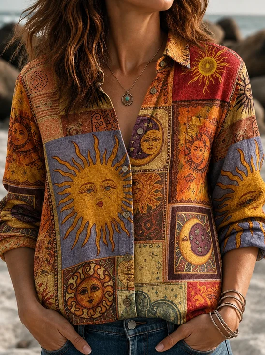 Printing Vintage Shirt Collar Loose Shirt
