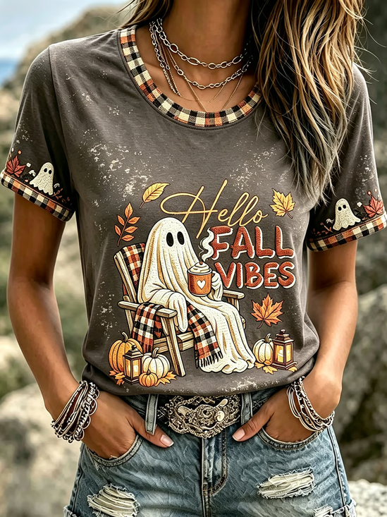 Women's Short Sleeve T-shirt Summer Gray Halloween (pumpkin) Printing Jersey Crew Neck Daily Going Out Casual Top
