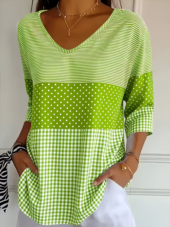 Women's Three Quarter Sleeve T-shirt Spring/Fall Green Striped Printing V Neck Daily Going Out Casual Top