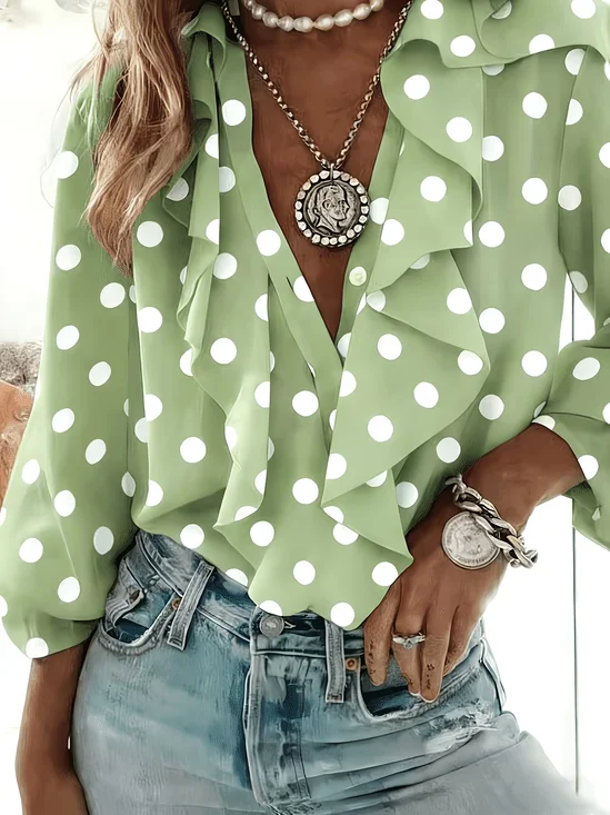 V Neck Elegant Polka Dots Regular Fit Shirt