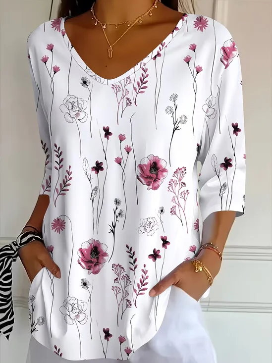 Women's Three Quarter Sleeve T-shirt Spring/Fall White Floral Printing V Neck Daily Going Out Casual Top