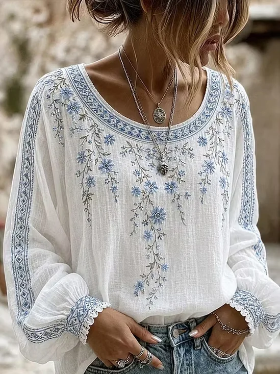Floral Crew Neck Versatile Blouse