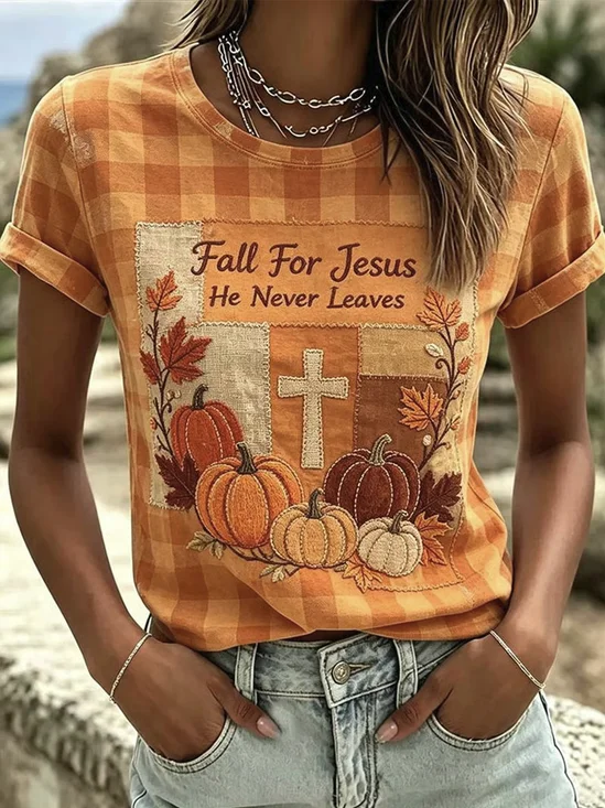 Pumpkin Cross Letter Crew Neck Basic Tee