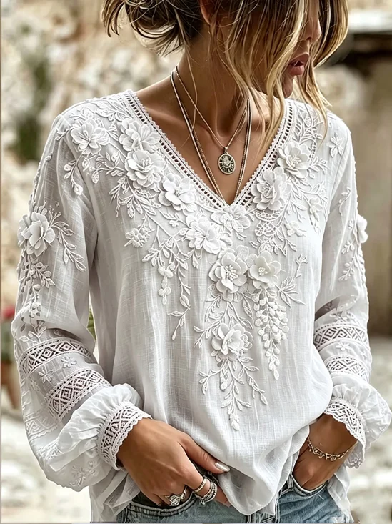3D Floral Cluster V Neck Loose Vacation Long Sleeve Top