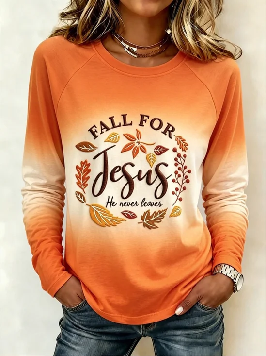 Gradient Fall Leaf Bible Verse Crew Neck Aesthetic Tee
