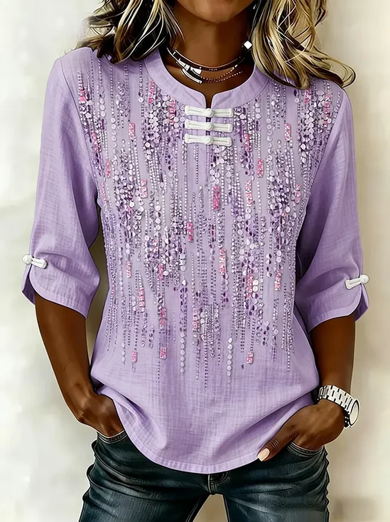 Women's Half Sleeve Blouse Summer Purple Abstract Printing Mandarin Collar Daily Going Out Vintage Top