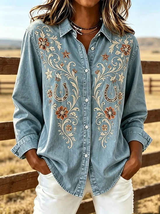 Western Horseshoe Star Collared Button Down Shirt